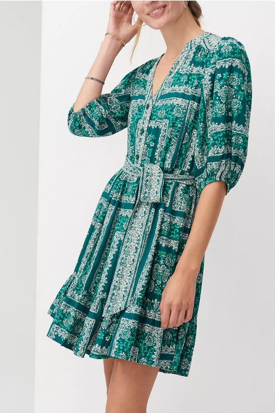 Porridge Isabel Mini Dress Womens XS Green Floral Border Boho 3/4 Sleeve Cottage